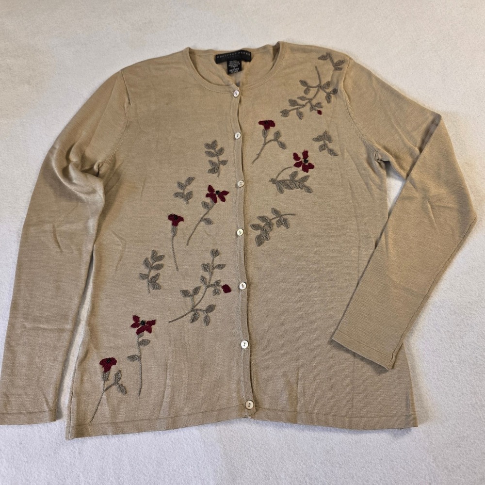 Geoffrey Beene Sport Silk Cotton Embroidered Cardigan Sweater Tan Beige Small